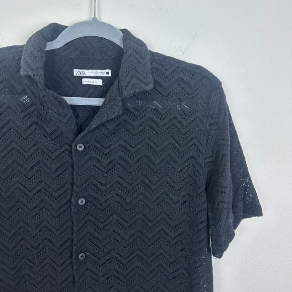 Zara Man Relaxed Fit Button Up M Open Knit Chevron Print Lightweight Summer - Picture 2 of 6